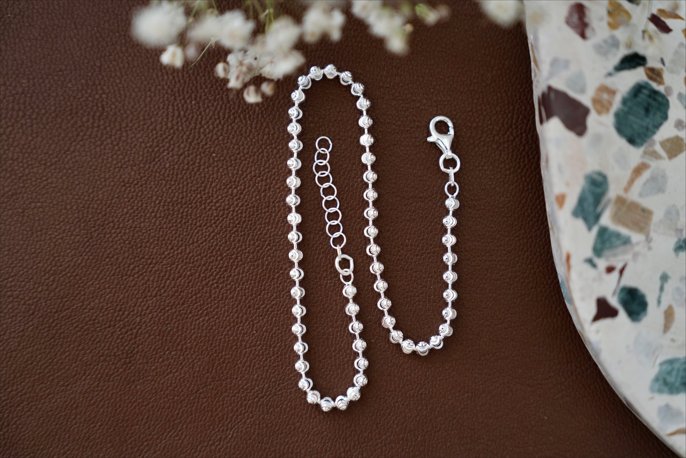 925 Moon Cut Ball Bead Anklet